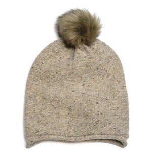 Madewell Beige Speckled Knit Beanie with Faux Fur Pom